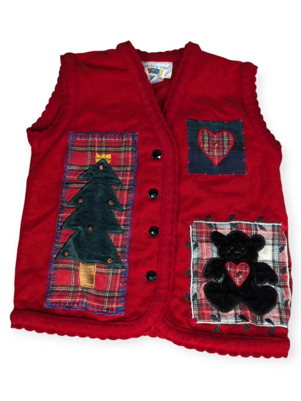 Eagle's Eye Kids Red Patchwork Holiday Vest Tree & Bear Appliqués Wool Blend 2T